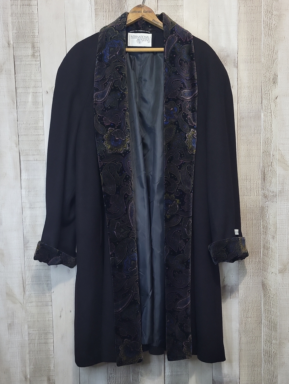Wool Black Coat with Paisley Velvet Trim. Made In Yugoslavia. Size Large